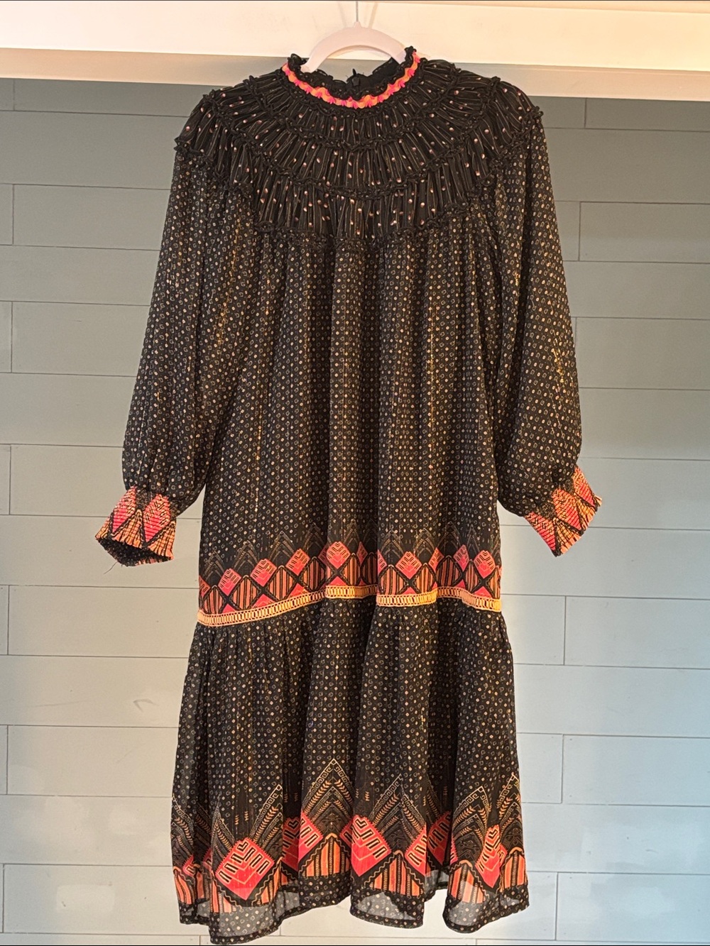 Porter Girls Black Long-Sleeve Midi‎ Dress with Coral and Gold Trim